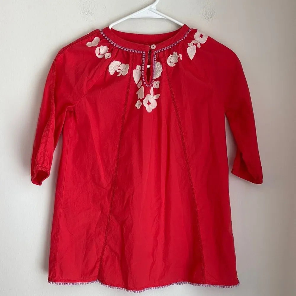 Boden mini girls Red/coral Embellished  embroidered Pom Pom 3/4 Sleeve dress 8/9
